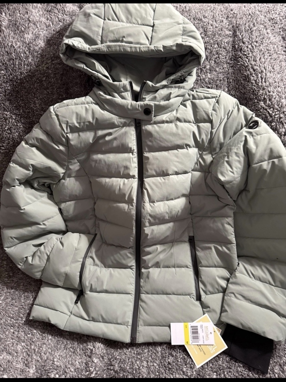 Michael Kors Light Sage Packable Quilted Hooded Puffer Jacket Pack Bag Included